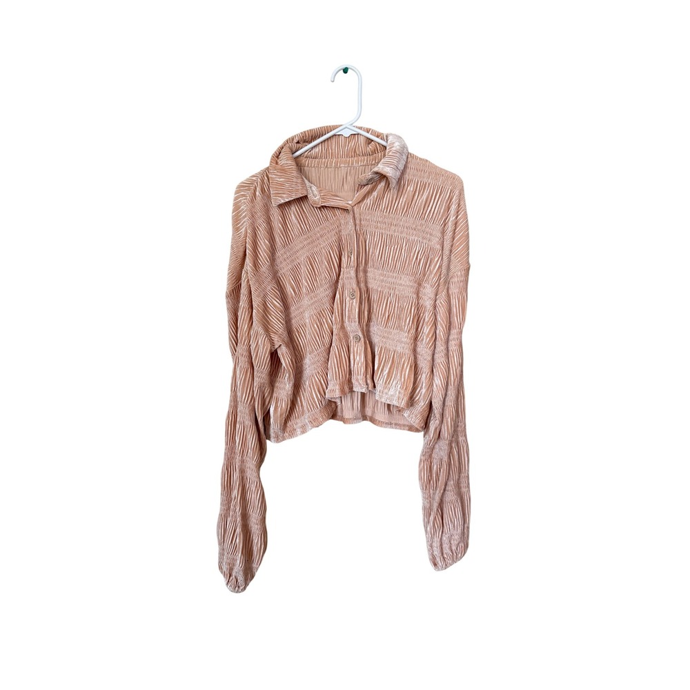 Blush Pink Crushed Velvet Smocked Button Up Long Sleeve Cropped Top
